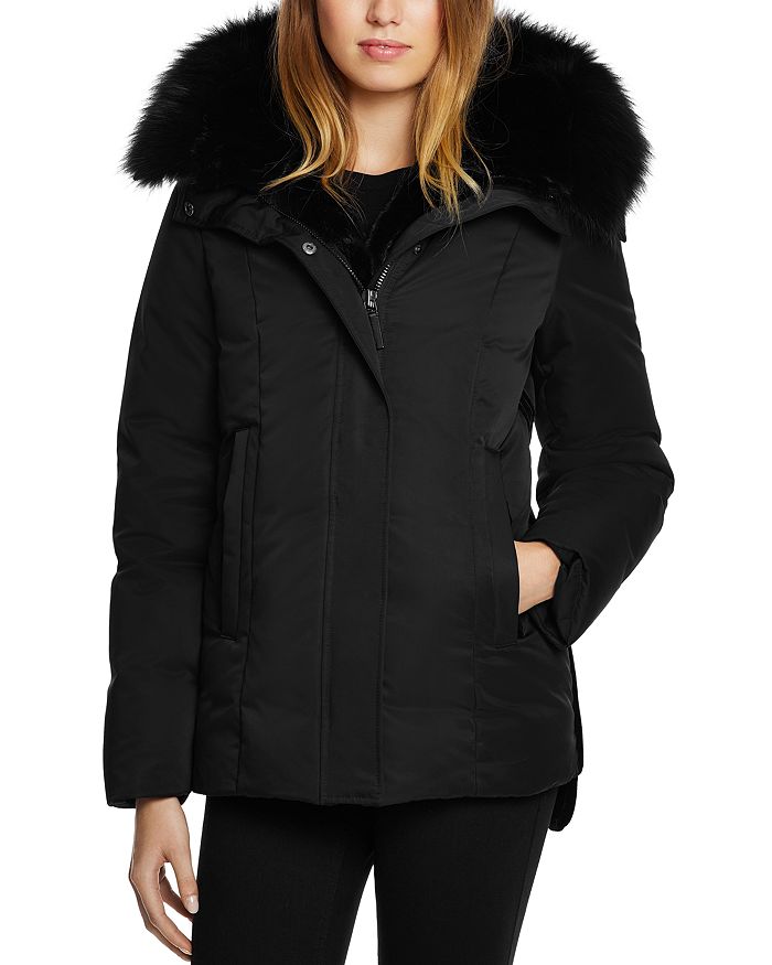 Dawn Levy Luka Fitted Waterproof Parka Coat With Fox Fur Trim In Black