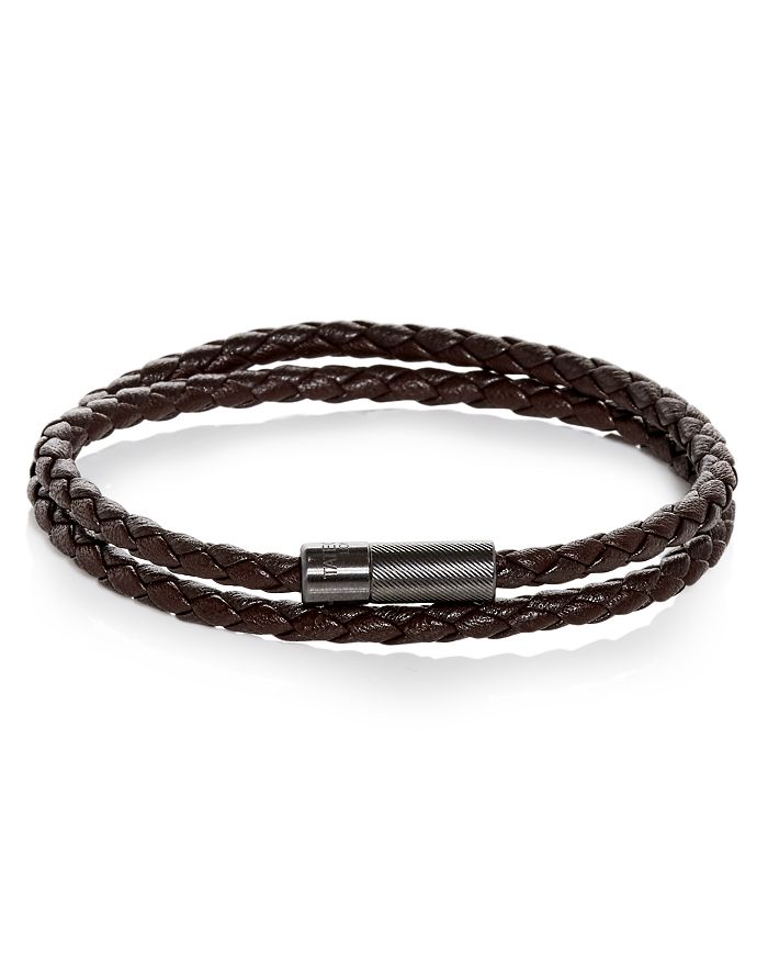 Shop Tateossian Double Wrap Woven Leather Bracelet In Brown