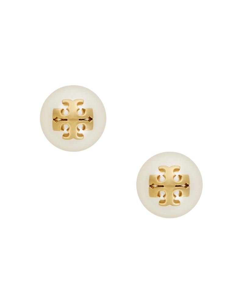 Tory Burch Imitation Pearl Stud Earrings in Gold/Ivory