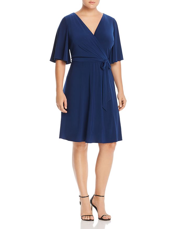 Adrianna Papell Plus Jersey Wrap-front Dress In Navy Sateen