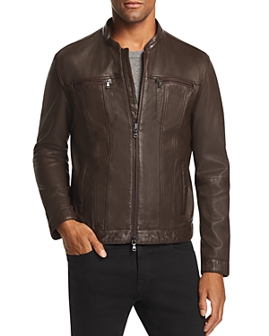Shop John Varvatos Star Usa Leather Band Collar Moto Jacket In Chocolate