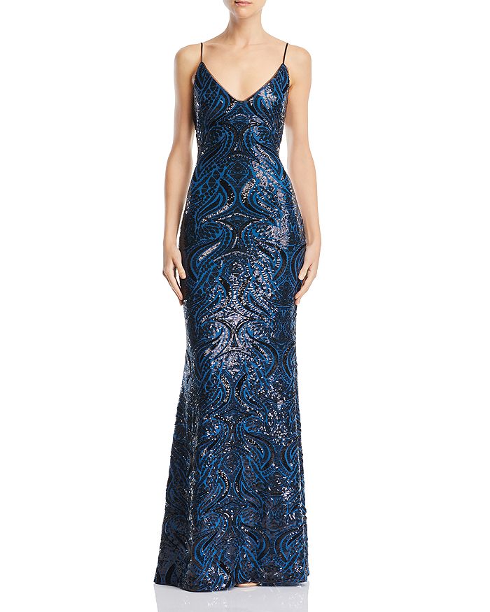 Avery G Open-back Sequined Gown In Teal/black