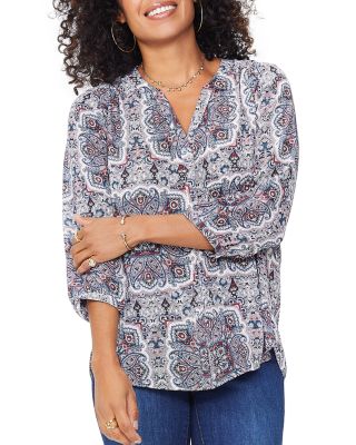 Nydj Three Quarter Sleeve Printed Pintucked Back Blouse