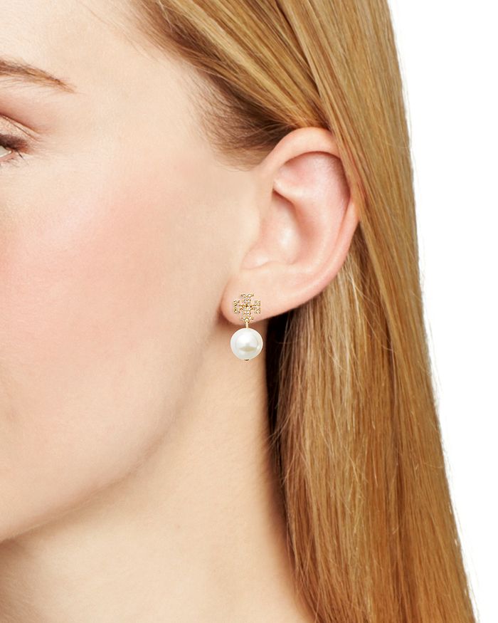 Shop Tory Burch Crystal Logo & Simulated Pearl Drop Earrings In Rose Gold