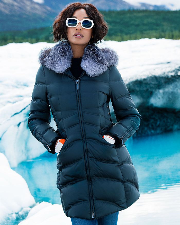 Shop Dawn Levy Cloe Saga Fur Trim Mid length Down Coat In Sapphire