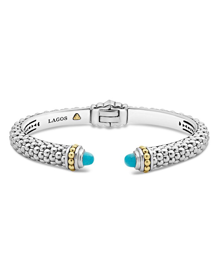 LAGOS 18K YELLOW GOLD & STERLING SILVER CAVIAR COLOR CUFF WITH TURQUOISE,05-81227-TM