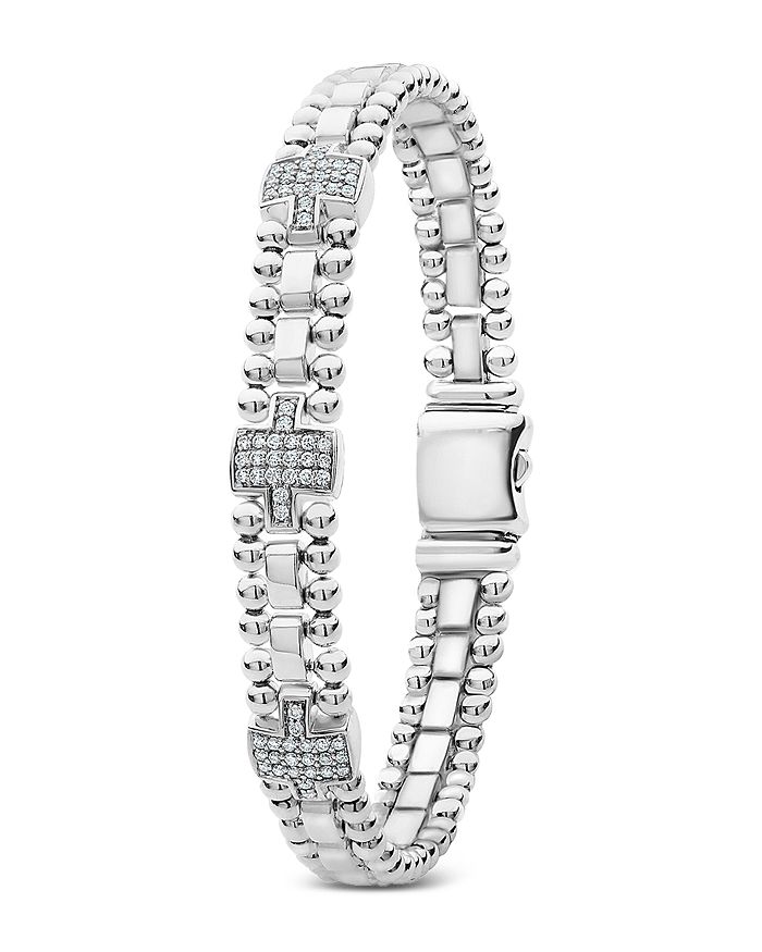 Shop Lagos Sterling Silver Caviar Spark Diamond Link Bracelet In White/silver
