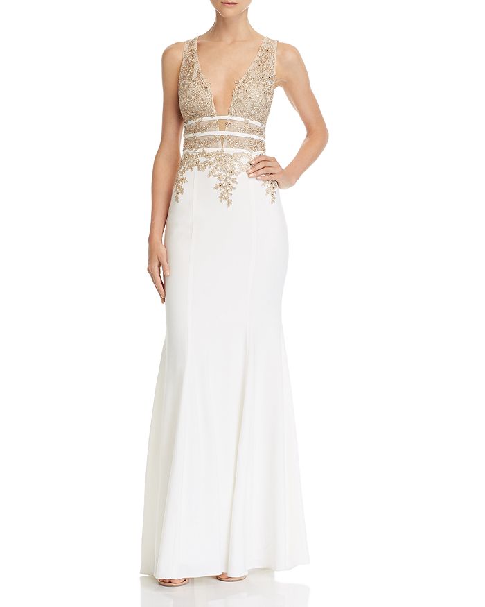 Aqua Plunging Embellished Gown - 100% Exclusive In Ivory/gold