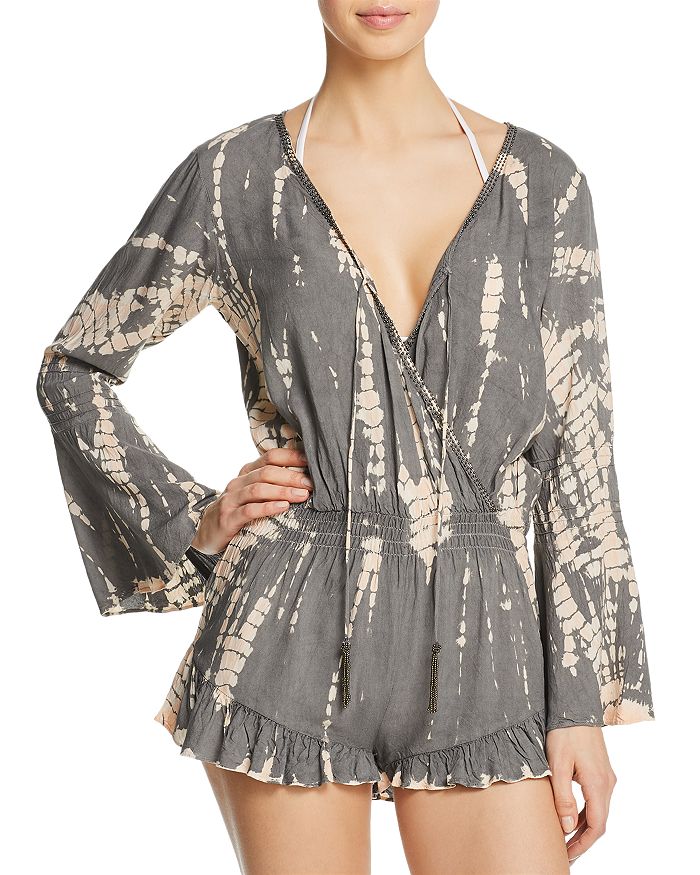 Surf Gypsy Tie-dyed Romper Swim Cover-up In Grey/ivory