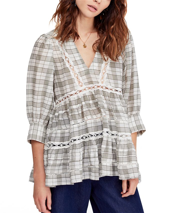 FREE PEOPLE TIME OUT PLAID CROCHET TRIM TUNIC,OB924255