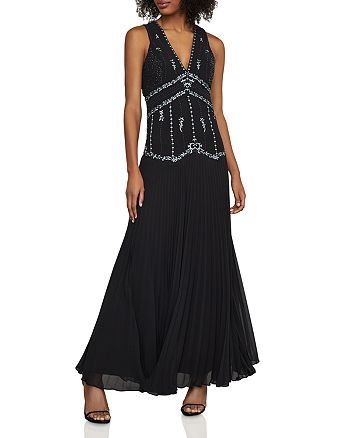 BCBGMAXAZRIA Embroidered Pleated Chiffon Gown | Bloomingdale's
