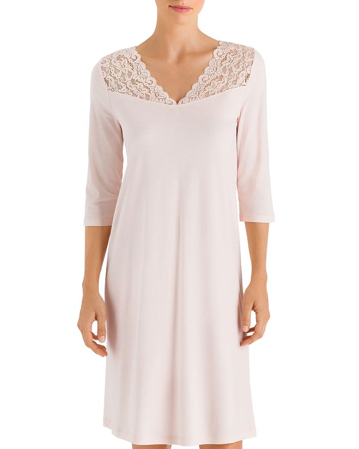 Shop Hanro Moments Lace Trim Three-quarter Sleeve Cotton Gown In Crystal Pink