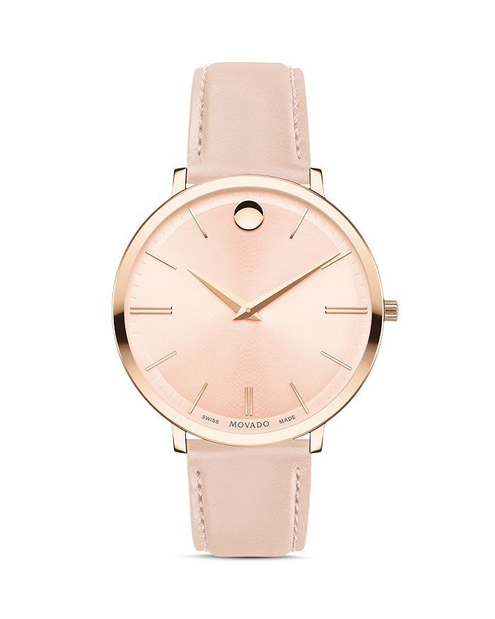 Movado Ultra Slim Leather Strap Watch, 35mm In Pink/pink
