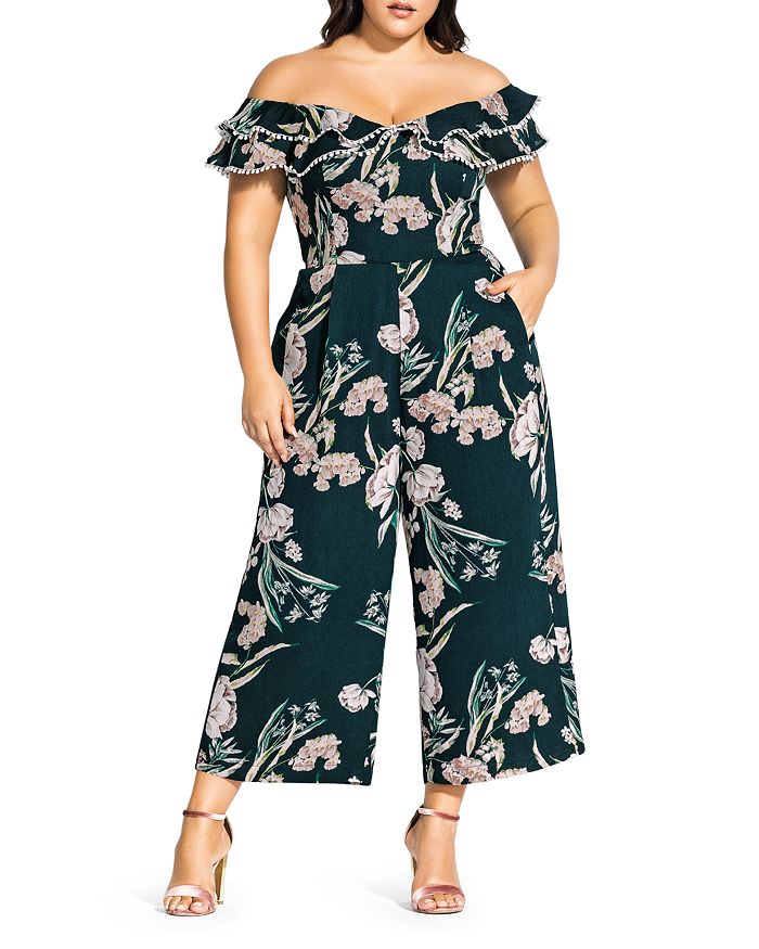 City Chic Plus Fresh Fields Off the Shoulder Cropped Jumpsuit