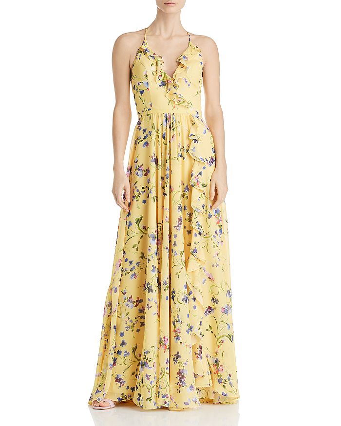 Avery G Floral Printed Chiffon Gown In Yellow/blue