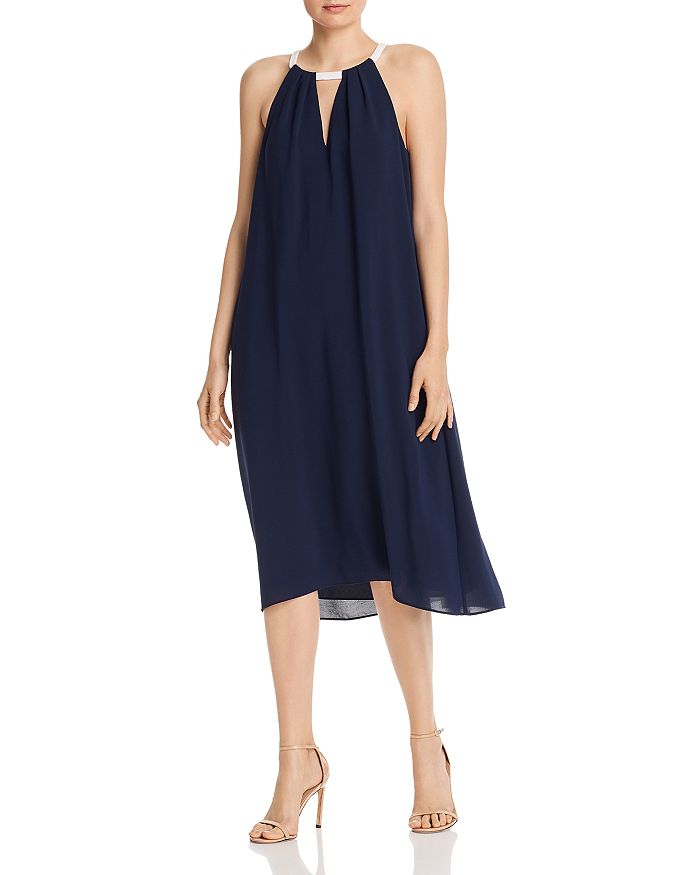 Adrianna Papell Color-block Trapeze Dress In Blue Moon/ivory