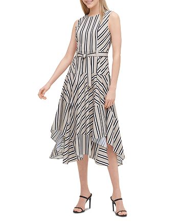 Calvin Klein Striped Belted Handkerchief-Hem Dress | Bloomingdale's