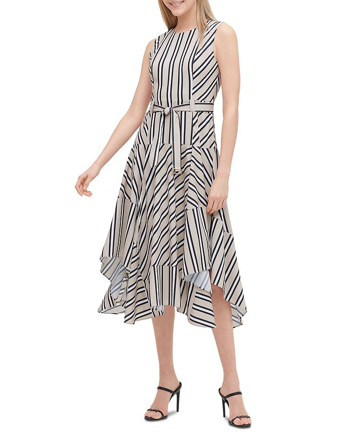 Calvin Klein Striped Belted Handkerchief-Hem Dress |