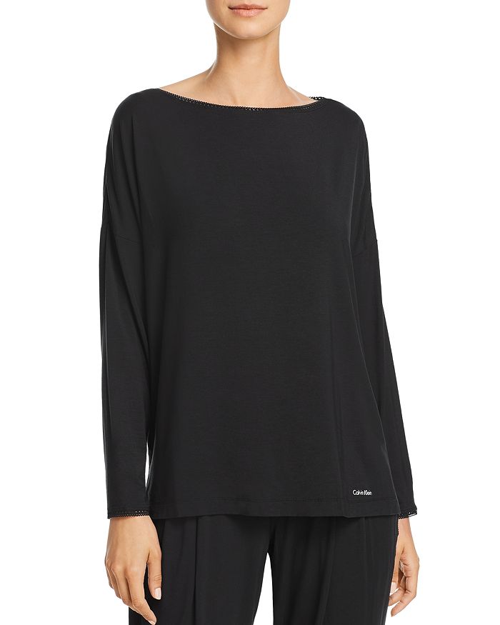Calvin Klein Liquid Touch Lounge Long-sleeve Wide Neck Tee In Black