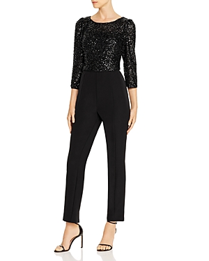 Adrianna Papell Embellished Texture-blocked Jumpsuit In Black
