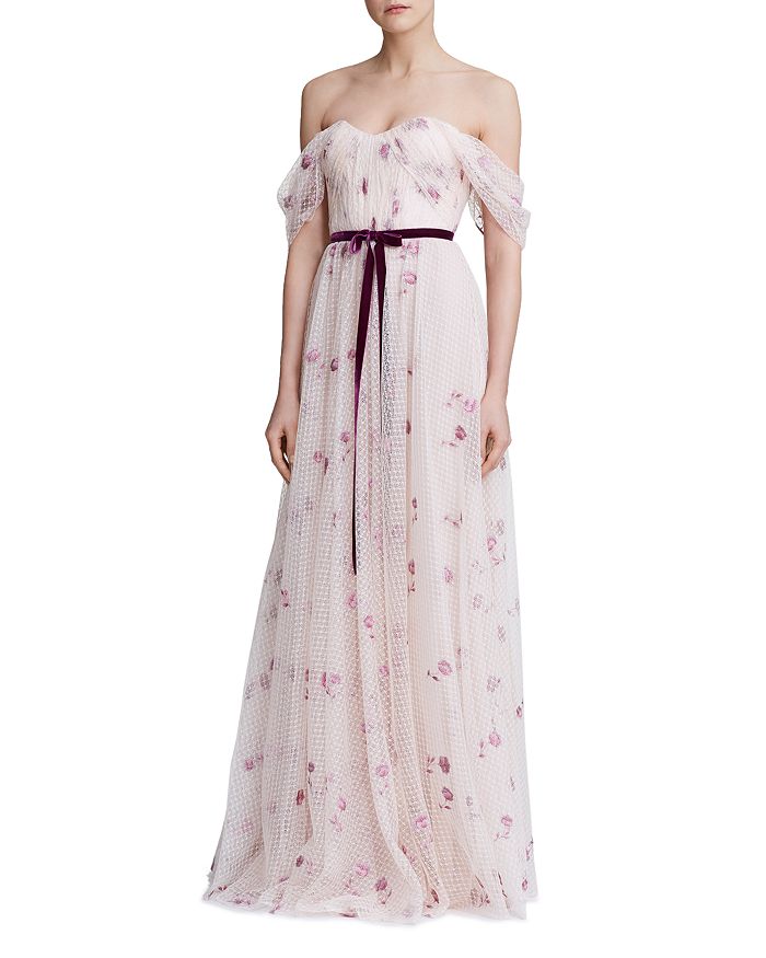 MARCHESA NOTTE OFF-THE-SHOULDER FLORAL TULLE GOWN,N31G0929