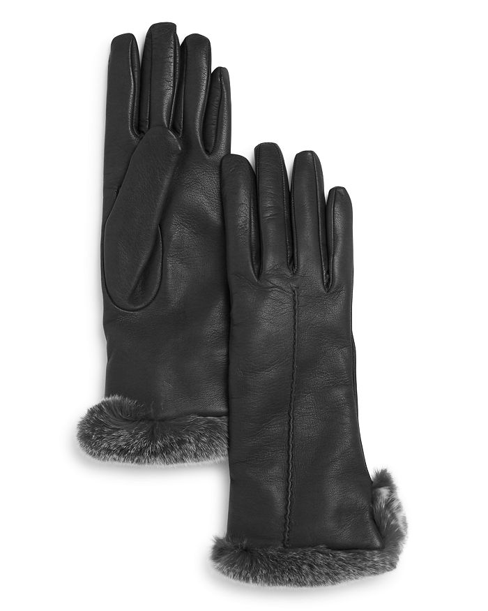 Bloomingdale's Rex Rabbit Fur Trim Leather Gloves - 100% Exclusive In Gray
