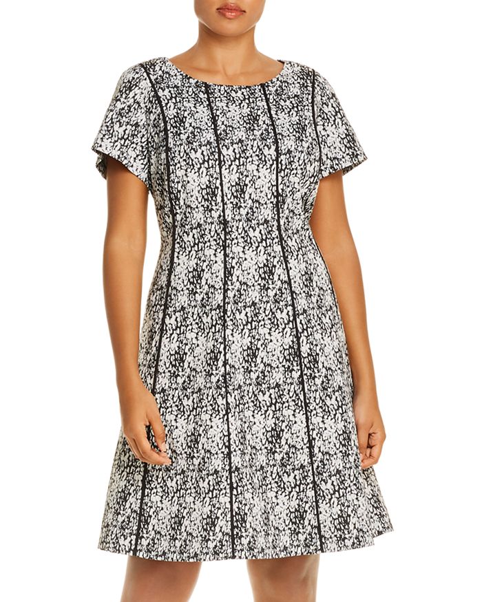 Adrianna Papell Plus Piped Watercolor Print Fit-and-flare Dress In Black/ivory