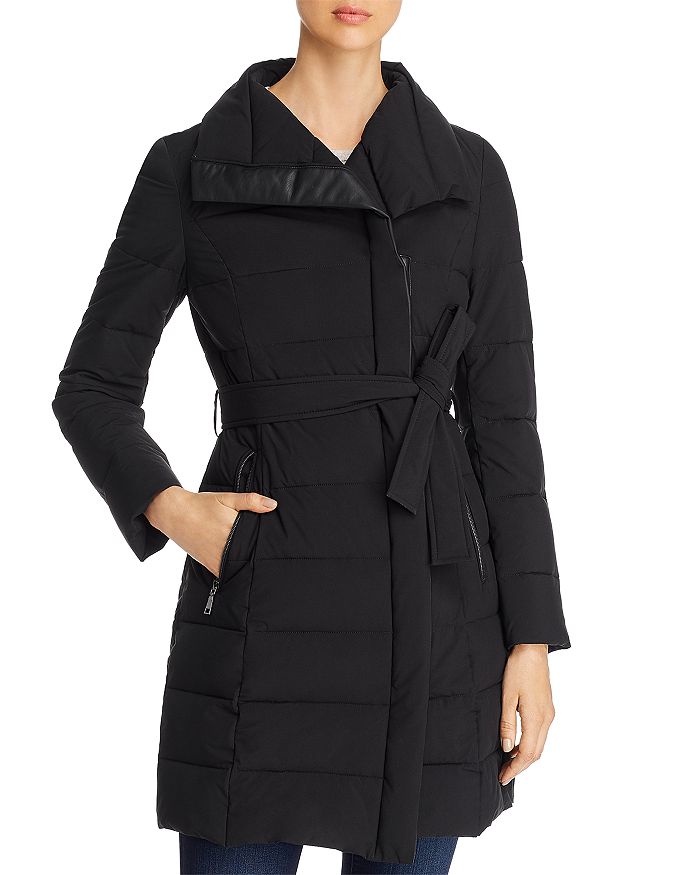 Tahari Asymmetrical Belted Puffer Coat In Black | ModeSens