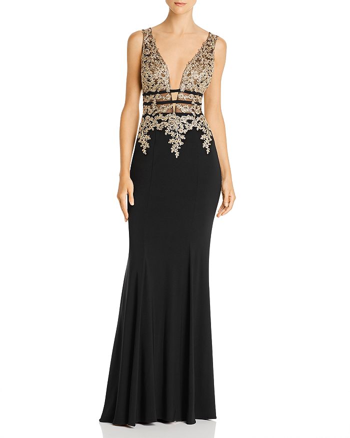 Aqua Plunging Embellished Gown - 100% Exclusive In Black/gold