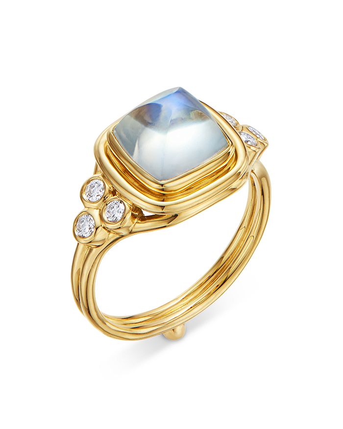 TEMPLE ST. CLAIR 18K YELLOW GOLD HIGH CLASSIC SUGAR LOAF RING WITH BLUE MOONSTONE & DIAMONDS,R14132-BMSLC8