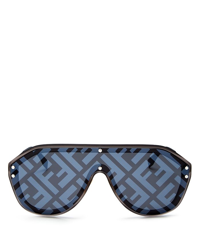 Fendi Unisex Logo Print Shield Sunglasses 99mm In Dark Ruthenium Black/gray Gradient