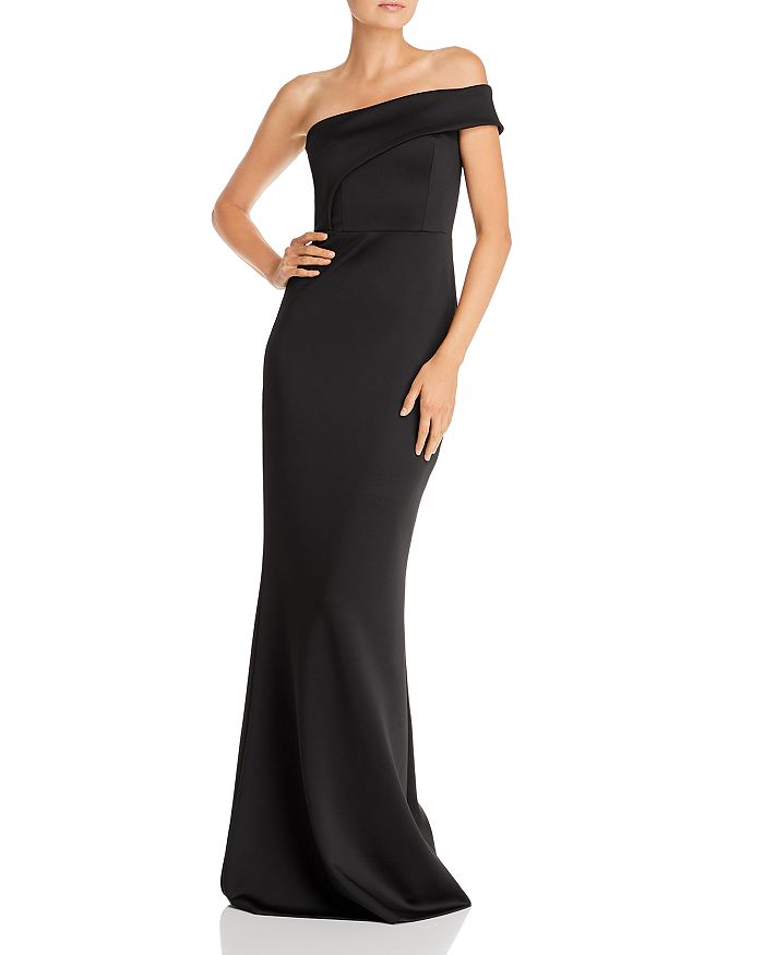 BLACK HALO ASYMMETRIC OFF-THE-SHOULDER POPOVER GOWN,8929834
