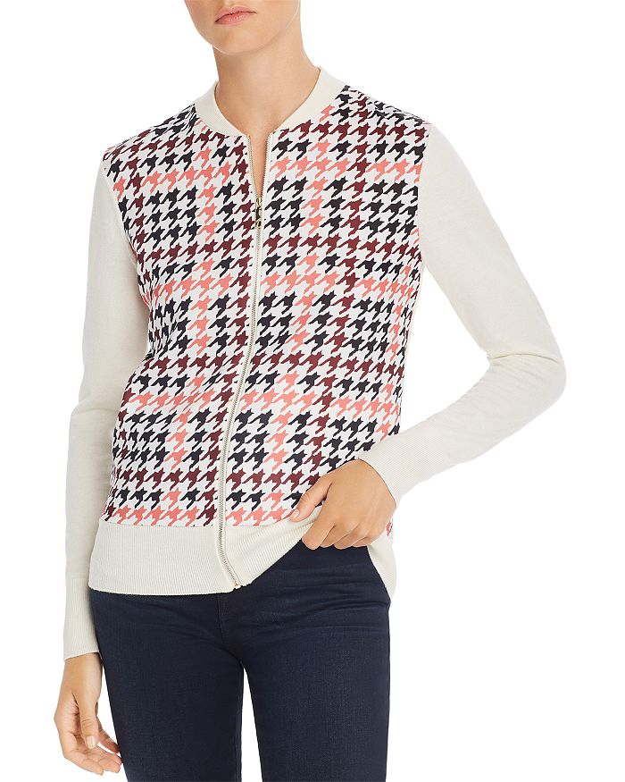 Ted Baker Arlane Houndstooth Print Knit Bomber Cardigan - 100% Exclusive In White