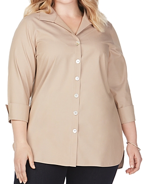 Foxcroft Plus Pandora Non-iron Cotton Tunic Shirt In Almond Tart