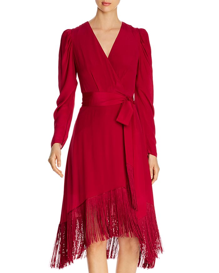 Kobi Halperin Phoebe Fringed Faux Wrap Silk Dress In Cranberry