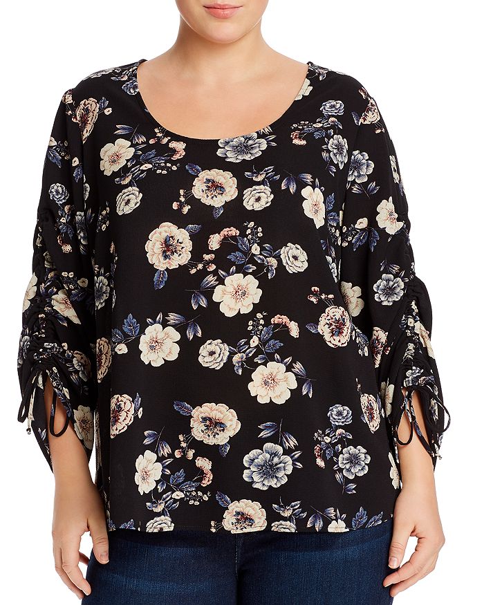 Aqua Curve Floral Drawstring-sleeve Top - 100% Exclusive In Black/taupe