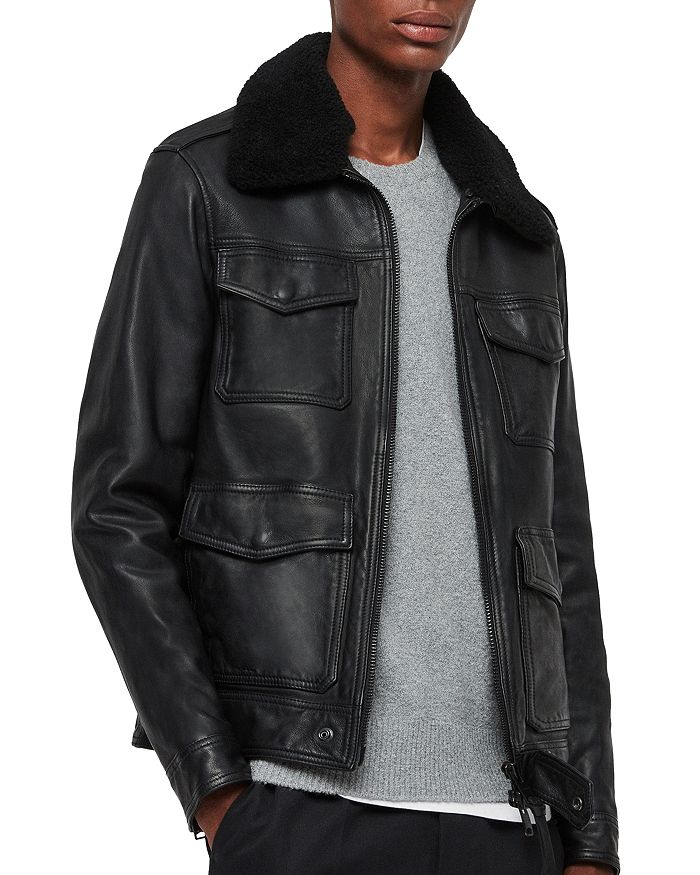 Allsaints Castle Shearling-collar Leather Jacket In Black