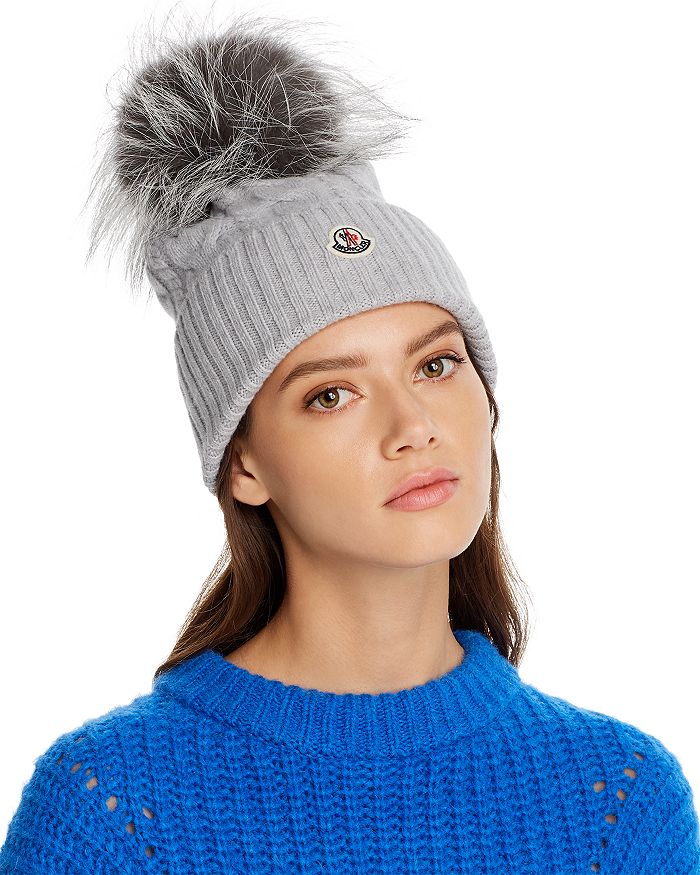 Moncler Fox Fur Cable-knit Beanie In Gray