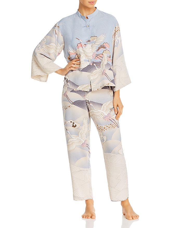 Natori Fortuna Satin Pajama Set In Dusty Blue