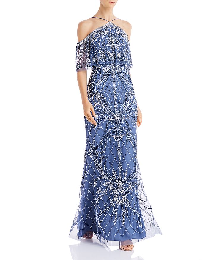 Aidan Mattox Cold Shoulder Beaded Gown In Blue Gray