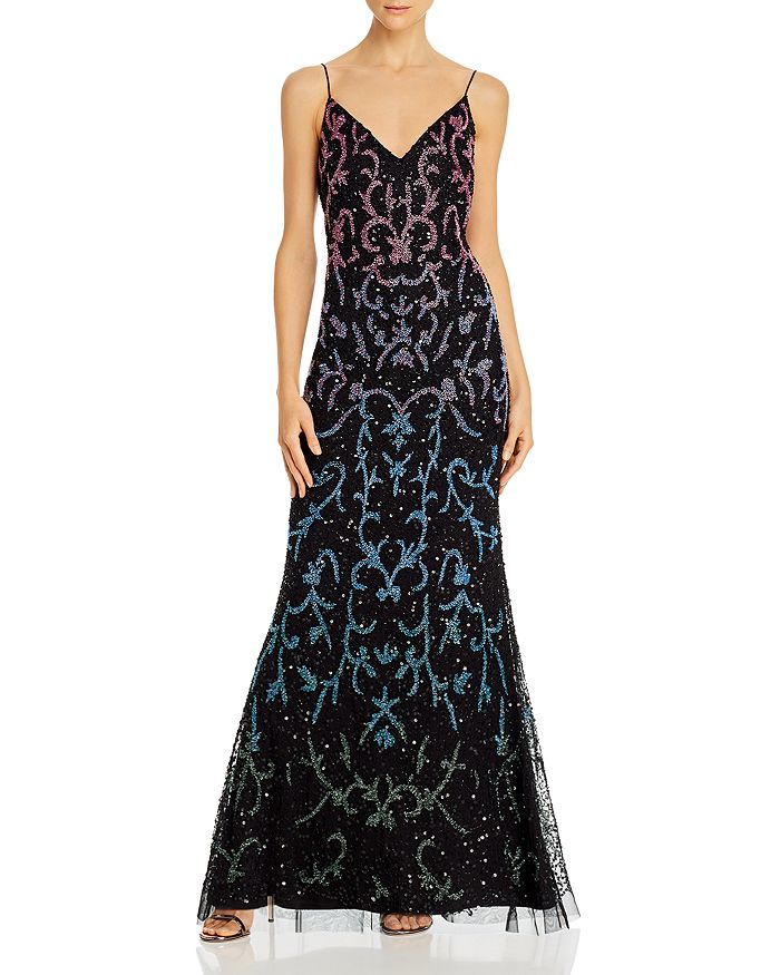 Adrianna Papell Embellished Mermaid Gown In Black Multi