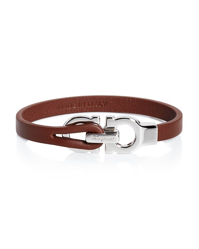 Ferragamo Double Gancini Leather Bracelet In Brown