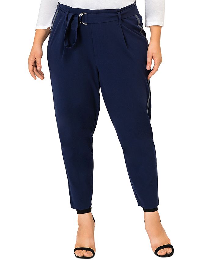 Standards & Practices Marina Paperbag Waist Faux Leather Trim Trousers In Midnight Blue