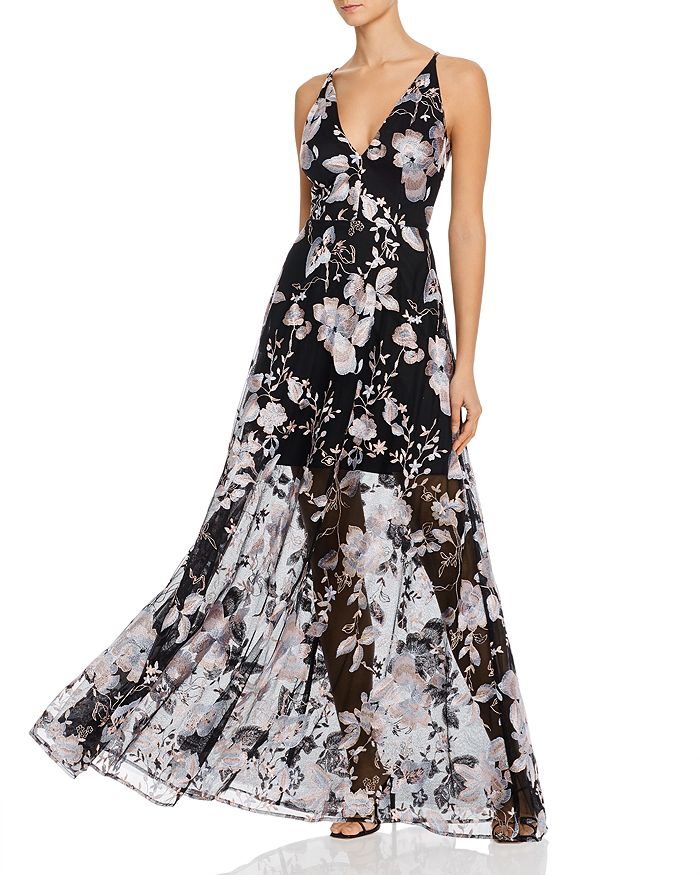 AQUA Floral Embroidered Illusion Gown - 100% Exclusive | Bloomingdale's