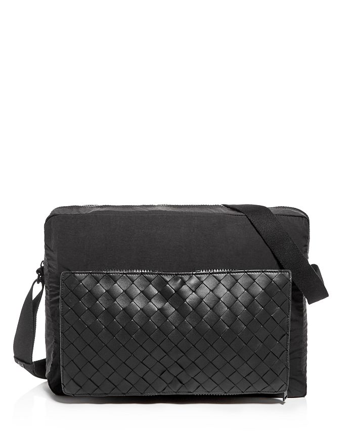 Bottega Veneta Intrecciato Leather Messenger Triple Three Compartment Bag  Black