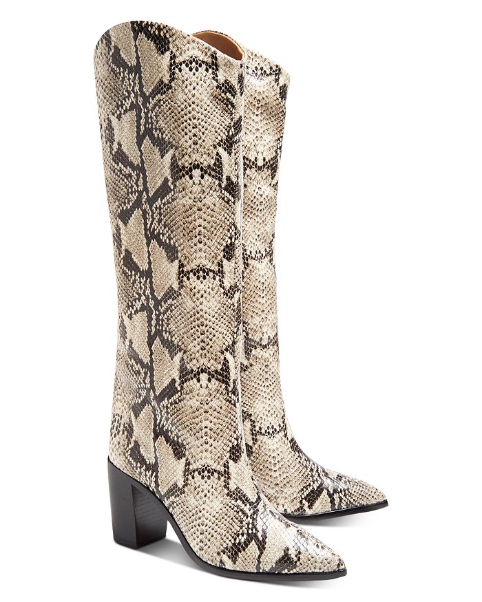 Shop Schutz Women's Maryana Croc-embossed Block Heel Pointed-toe Tall Boots In Natural Snake Leather