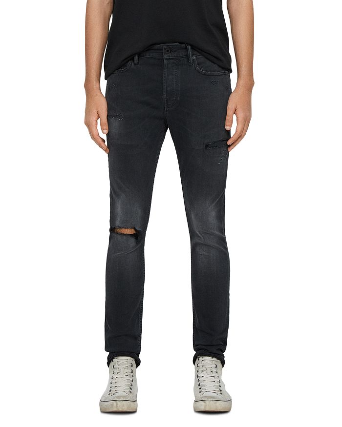 Allsaints Cigarette Damaged Skinny Jeans In Black In Washed Black