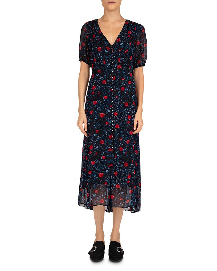 THE KOOPLES POISON ROSES FRONT-BUTTON MIDI DRESS,FROB19186K