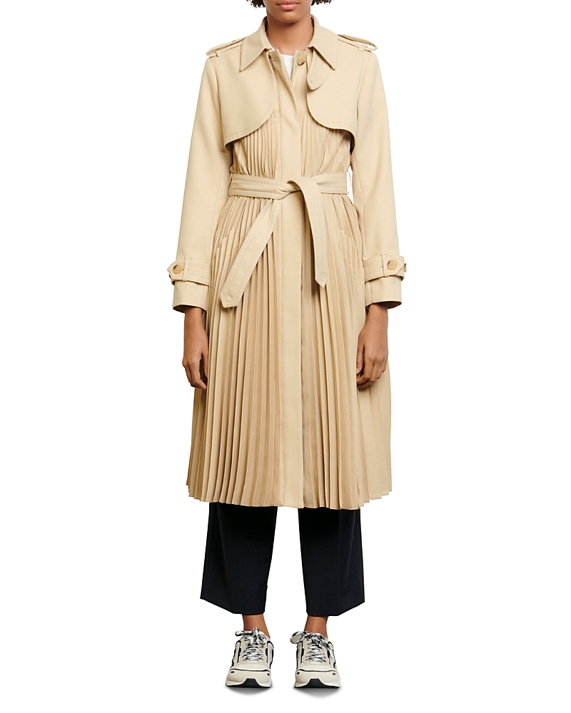 Sandro Pleated Trench Coat With Belt In Beige