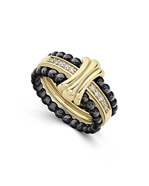 18K Yellow Gold & Ceramic Caviar Diamond Stack Ring